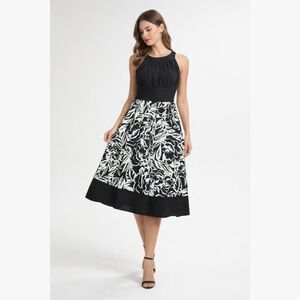 Black White Floral Fit Flare Midi Dress Classic Waist Defined Built In Bra Sz 12